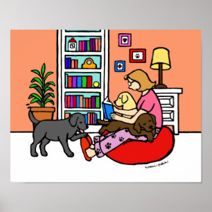 Labrador Mam Reading Cartoon Poster