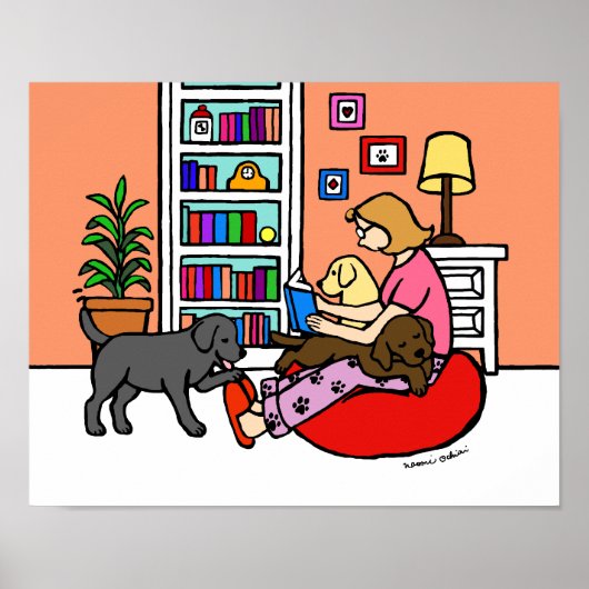 Labrador Mam Reading Cartoon Poster (Voorkant)