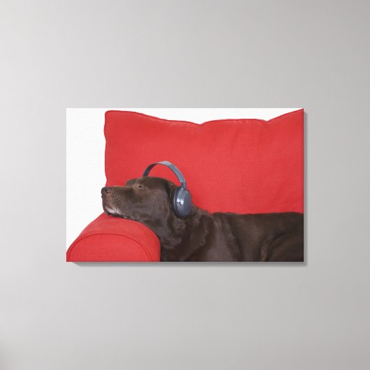 Labrador met hoofdtelefoon op de bank canvas afdruk (Voorkant)