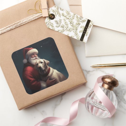 Labrador met kerstman Festieve Kerst Vierkante Sticker (Geschenken)