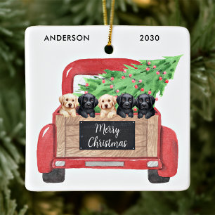 Labrador Puppies Honden Vintage Rode Kerst Truck Keramisch Ornament