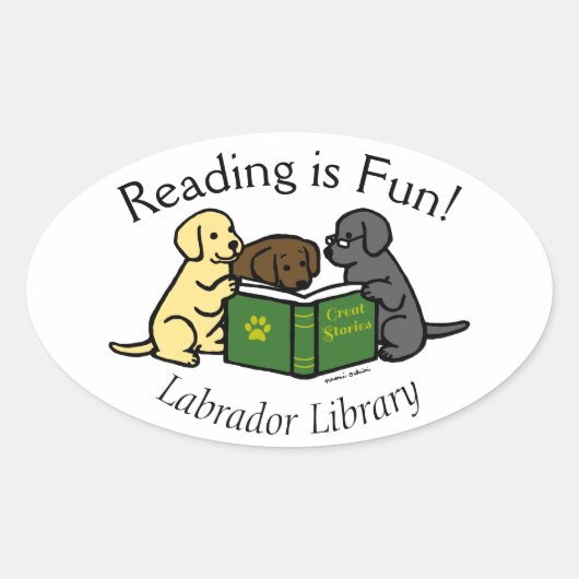 Labrador Puppies Reading Cartoon Ovale Sticker (Voorkant)