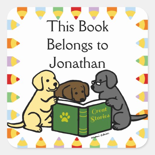Labrador Puppies Reading Cartoon Vierkante Sticker (Voorkant)