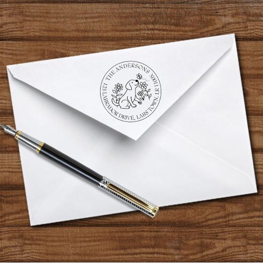 labrador, puppy, bloemen, cirkel, retouradres zelfinktende stempel