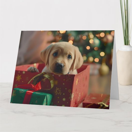 Labrador Puppy Gift Box Christmas Kaart (Voorkant)