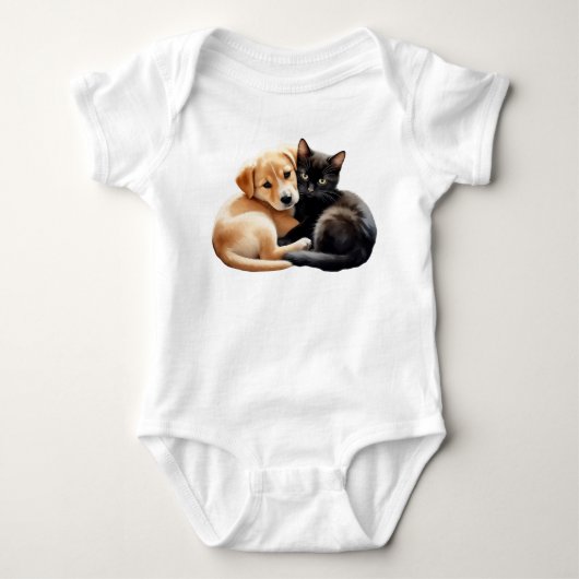 Labrador Puppy met Cute zwarte kitten Romper (Voorkant)