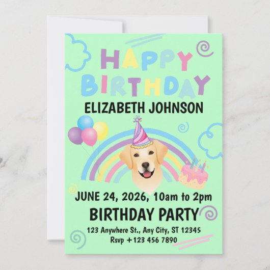 Labrador Retriever Birthday Invitation Green Kaart (Voorkant)