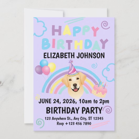 Labrador Retriever Birthday Party Invitation Purpl Kaart (Voorkant)