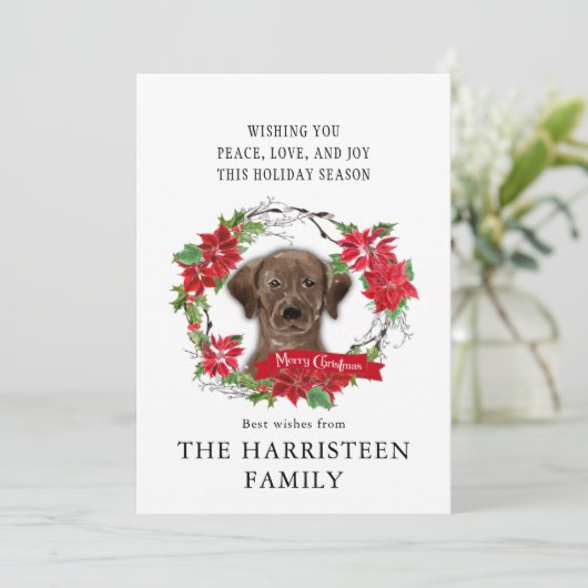 Labrador Retriever chocolade Poinsettia Kerstmis Feestdagenkaart (Staand voorkant)