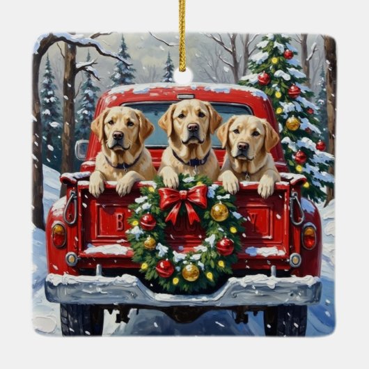 Labrador Retriever Christmas Red Truck Holiday Keramisch Ornament (Achterkant)