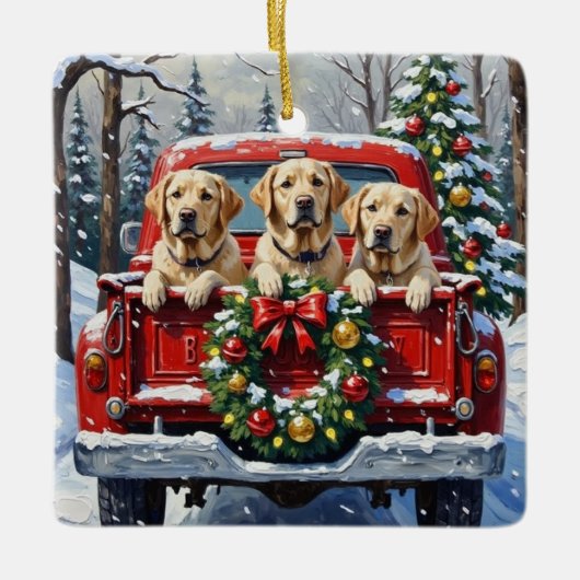Labrador Retriever Christmas Red Truck Holiday Keramisch Ornament (Voorkant)