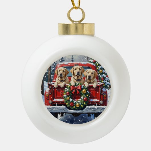 Labrador Retriever Christmas Red Truck Holiday Keramische Bal Ornament (Voorkant)