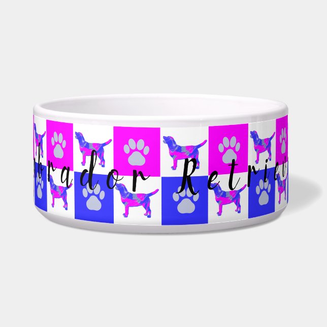 Labrador Retriever Dog & Paw Pink & Blue Pet Bowl Voerbakje (Voorkant)