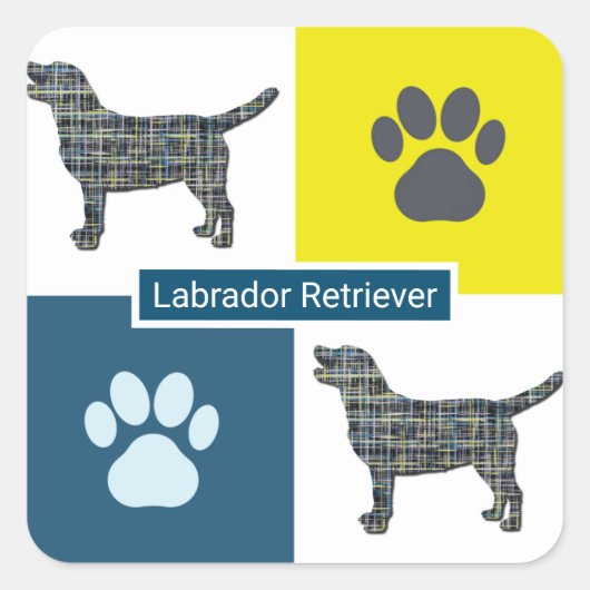 Labrador Retriever Dog & Paw Y&B Grid Square Vierkante Sticker (Voorkant)