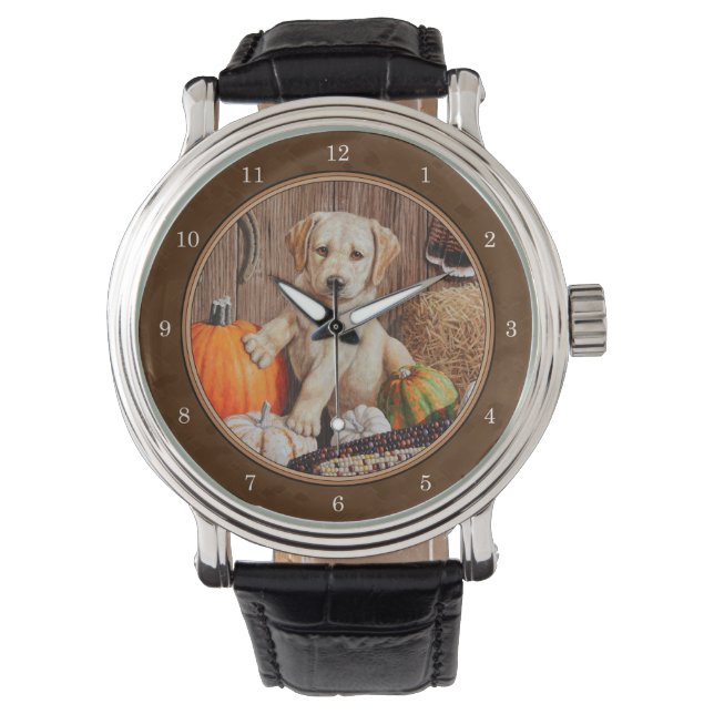 Labrador Retriever Dog & Pumpkins Brown Horloge (Voorkant)