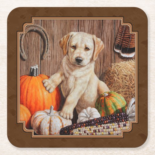 Labrador Retriever Dog & Pumpkins Brown Kartonnen Onderzetters (Voorkant)