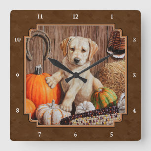 Labrador Retriever Dog & Pumpkins Brown Vierkante Klok