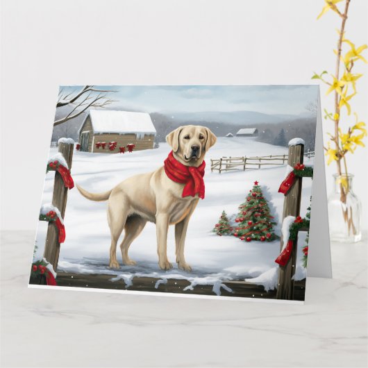 Labrador Retriever Hond in Sneeuw Kerstmis Kaart (Gele Bloem)
