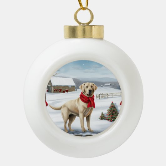 Labrador Retriever Hond in Sneeuw Kerstmis Keramische Bal Ornament (Voorkant)