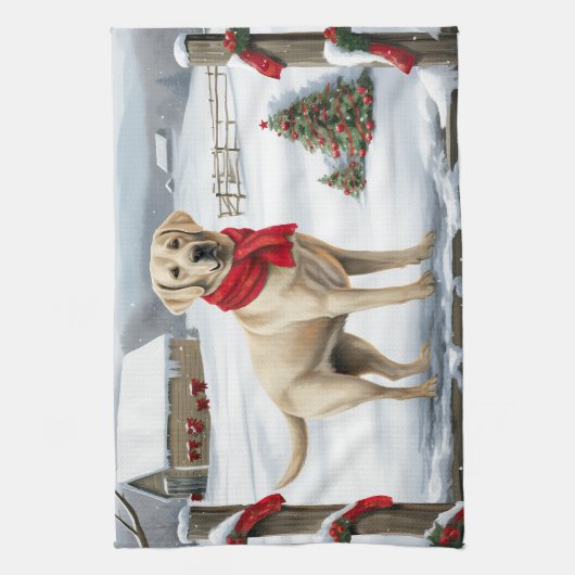 Labrador Retriever Hond in Sneeuw Kerstmis Theedoek (Verticaal)