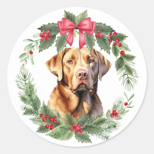 Labrador Retriever Hond Rode Bow Holly krans Ronde Sticker (Voorkant)