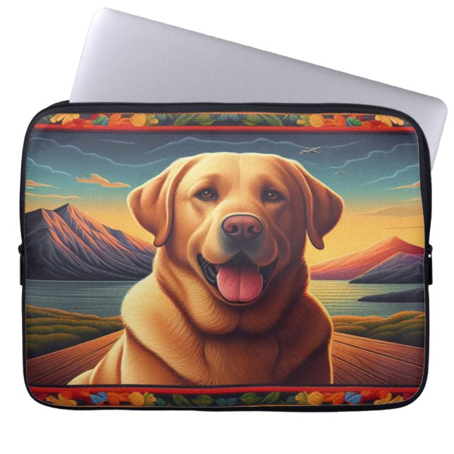 Labrador Retriever Hondenlandschap Bloemen decorat Laptop Sleeve (Voorkant)
