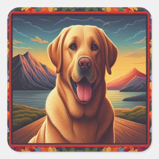 Labrador Retriever Hondenlandschap Bloemen decorat Vierkante Sticker (Voorkant)