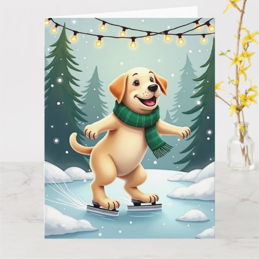 Labrador Retriever Ice Skating Christmas Painting Kaart (Gele Bloem)