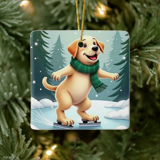 Labrador Retriever Ice Skating Christmas Painting Keramisch Ornament (Boom)