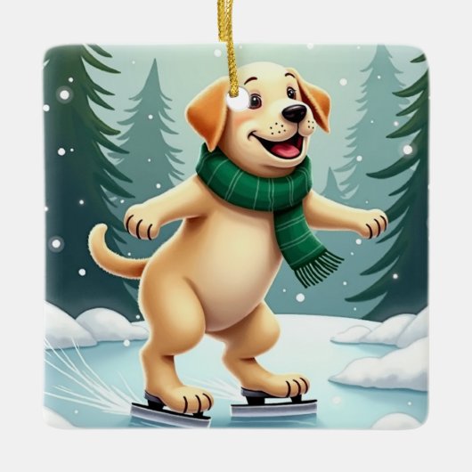Labrador Retriever Ice Skating Christmas Painting Keramisch Ornament (Voorkant)