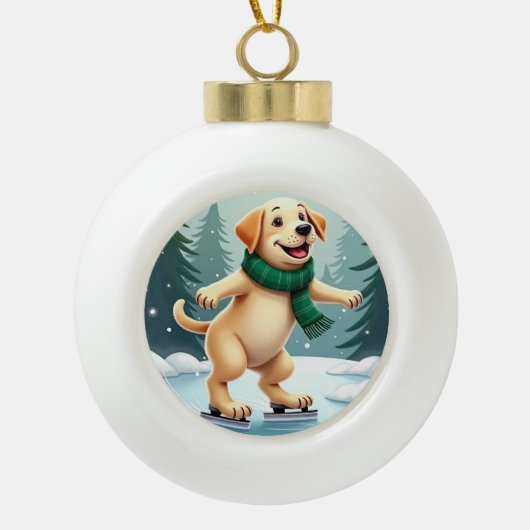 Labrador Retriever Ice Skating Christmas Painting Keramische Bal Ornament (Voorkant)