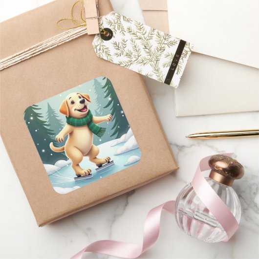 Labrador Retriever Ice Skating Christmas Painting Vierkante Sticker (Geschenken)