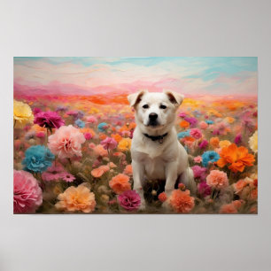 Labrador retriever in bloemenveld te downloaden poster