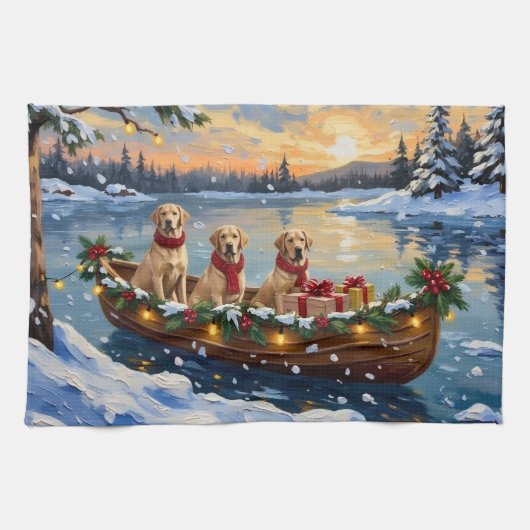 Labrador Retriever Kerstboot Vakantie Theedoek (Horizontaal)