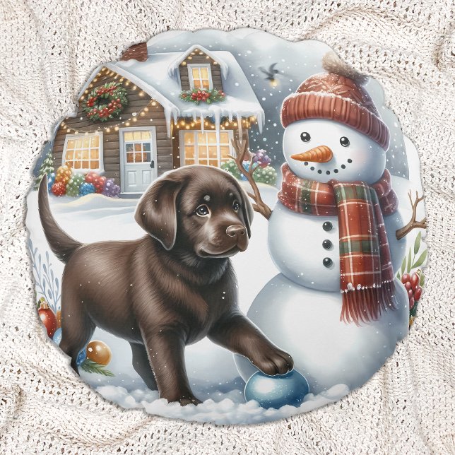 Labrador Retriever Kerstmis Sneeuwman Puppy Hond Rond Kussen (Creator heeft geüpload)