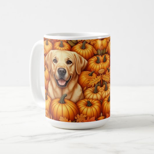 Labrador Retriever met herfstbladeren en pompoenen Koffiemok (Voorkant links)