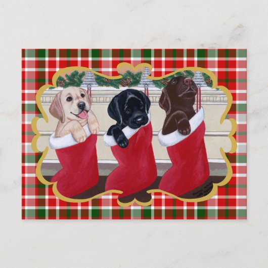 Labrador Retriever Puppies Christmas Tartan Feestdagenkaart (Voorkant)