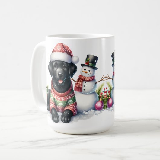 Labrador Retriever Puppy Hond & Sneeuwman Kerstmis Koffiemok (Voorkant links)
