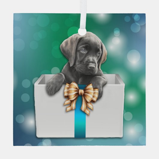Labrador Retriever Puppy in Box Bokeh Kerstmis Glas Ornament (Achterkant)