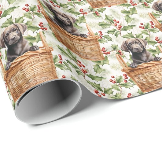 Labrador Retriever Puppymand Kerst Holly Cadeaupapier (Rol Hoek)