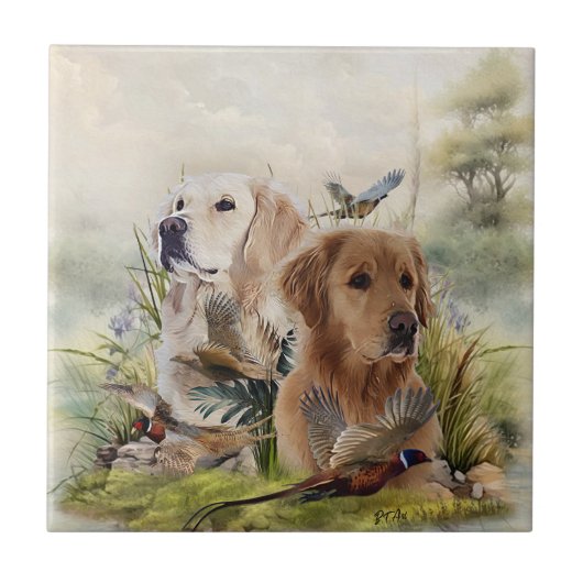 Labrador Retrievers met fazant, Art Tegeltje (Voorkant)