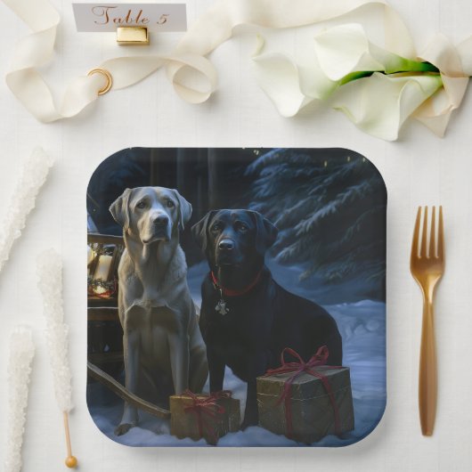 Labrador Snowy Sleigh Kerst Decor Papieren Bordje (Huwelijk)