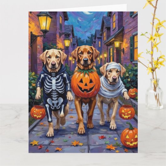 Labrador Trick-or-Treating in Halloween kostuums Kaart (Gele Bloem)