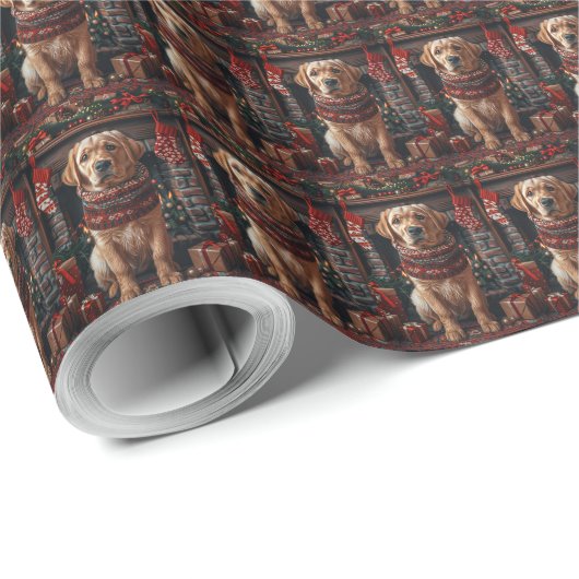 Labradorhond met kerstcadeaus open haard cadeaupapier (Rol Hoek)