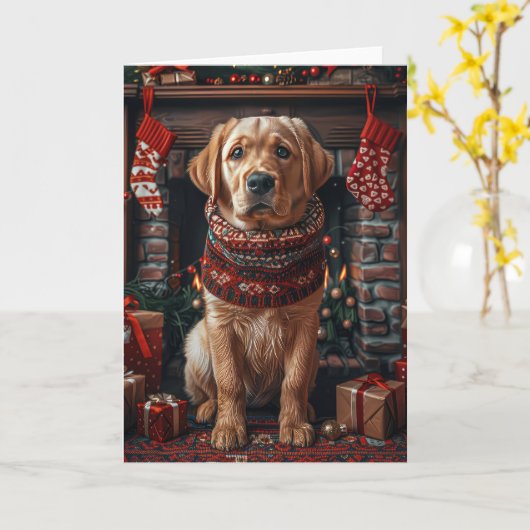 Labradorhond met kerstcadeaus open haard kaart (Gele Bloem)