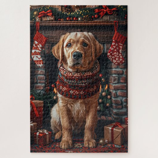 Labradorhond met kerstcadeaus open haard legpuzzel (Verticaal)