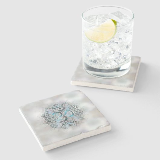 Labradorite Namaste Word Art in Lotus met OM Stenen Onderzetter (Zijkant)