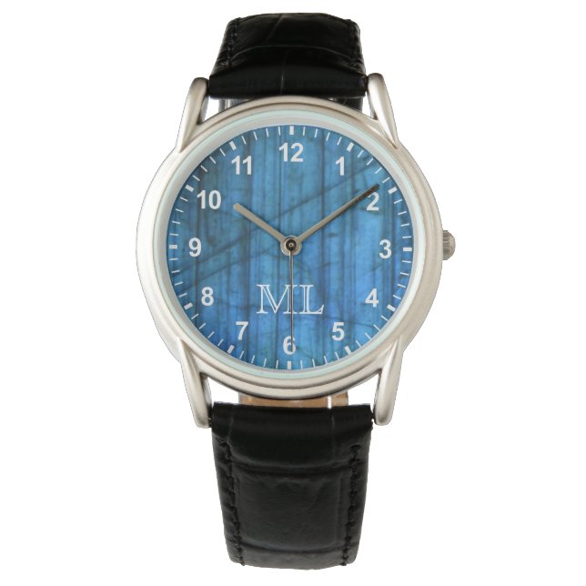 Labradorite Pareltjes Blue Monogram Nummers Horloge (Voorkant)