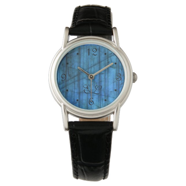 Labradorite Pareltjes Blue Monogram Nummers Horloge (Voorkant)