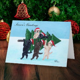 Labradors bij de Kerstboom in het Sneeuwveld Feestdagen Kaart